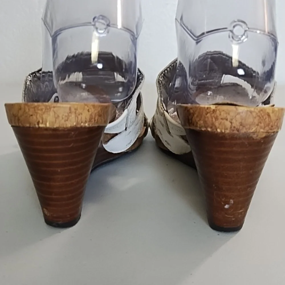 White Wedge Sandals with Leather Straps Stitching Cork Soles